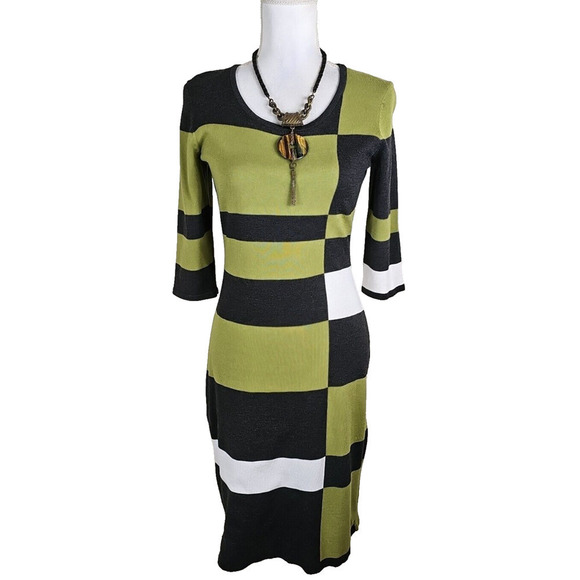 Danny & Nicole ~Woman Size M~ Green/Gray Striped Sweater Knit Dress 3/4 Sleeve. - Picture 1 of 11